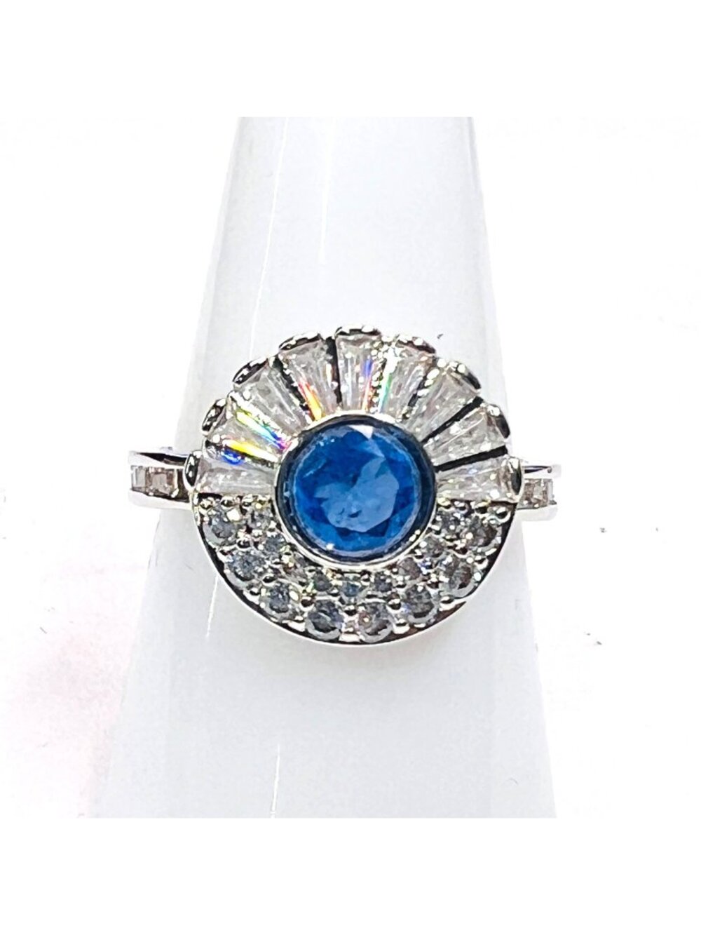 Ring Bomb Party Ring size 8 blue stone cz mini stone accents silver color band